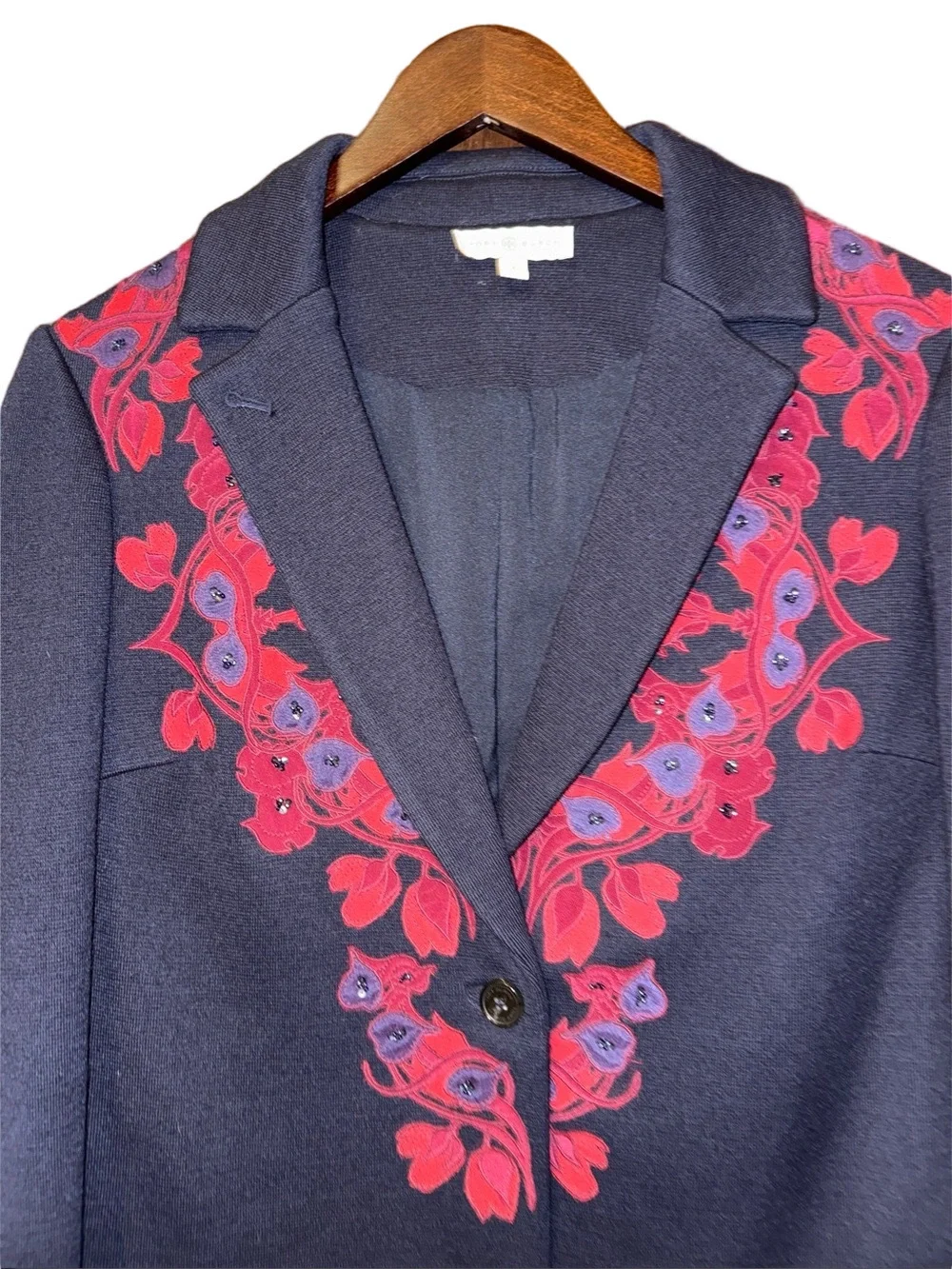 Tory Burch Lisanne Women's Black Blazer Jacket with Red Floral Embroidery Size S